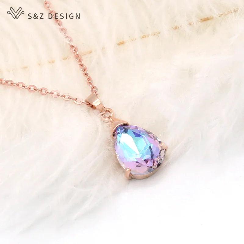 S&Z Water Drop Crystal Pendant Necklace Wedding Jewelry 585 Rose Gift