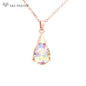 S&Z Water Drop Crystal Pendant Necklace Wedding Jewelry 585 Rose Gift