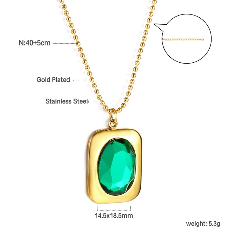 Green Zircon Crystal Pendant Necklace Stainless Steel Geometric Square Charm