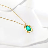 Green Zircon Crystal Pendant Necklace Stainless Steel Geometric Square Charm