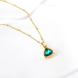Green Zircon Crystal Pendant Necklace Stainless Steel Geometric Square Charm