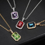 CZ Necklace Green Square Pendant Red Pink Gemstone Birthstone Punk Jewelry