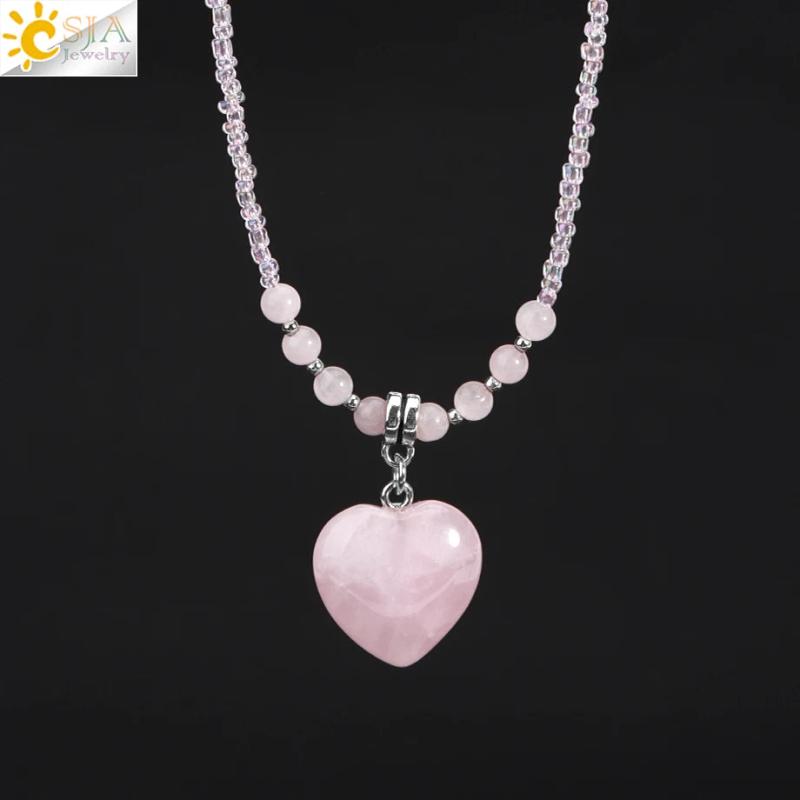 CSJA Mushroom Pendant Choker Pink Quartz Crystal Necklace