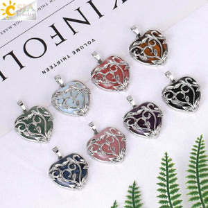 CSJA Natural Stone Heart Necklace Amethysts Charms Jewelry H117