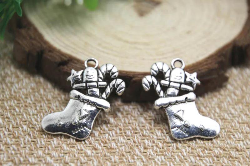 8pcs Christmas Stocking Charms Antique Tibetan Silver 2 Sided 28x19mm