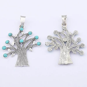 2pcs Tibetan Silver Tree & Turquoise Stone Charms Pendants
