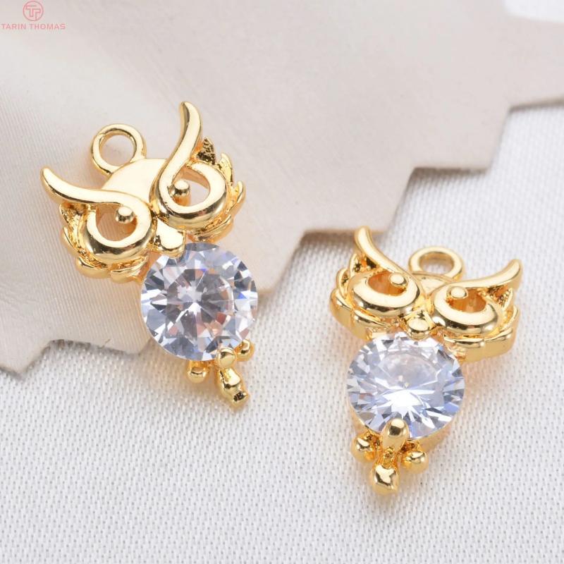 6PCS 17x10MM 24K Brass Zircon Owl Pendants Charms DIY Jewelry Findings