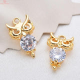 6PCS 17x10MM 24K Brass Zircon Owl Pendants Charms DIY Jewelry Findings
