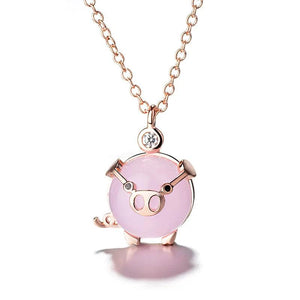 Piglet Rose Plated Necklace Pink Crystal Rose Quartz Small Pig Pendant