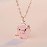 Piglet Rose Plated Necklace Pink Crystal Rose Quartz Small Pig Pendant