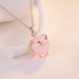 Piglet Rose Plated Necklace Pink Crystal Rose Quartz Small Pig Pendant