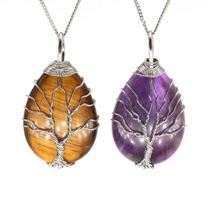 Tree Of Life Water Drop Pendant Necklace Amethyst Reiki Healing Energy