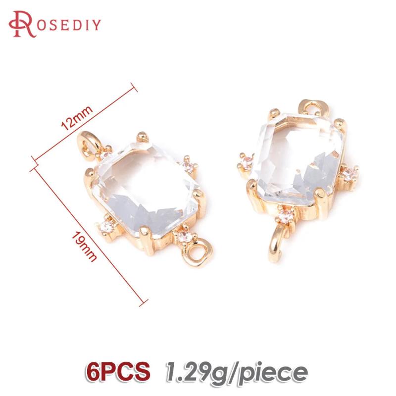 6PCS 18K Brass and Glass Rectangle Connect Charms Jewelry Making Earrings