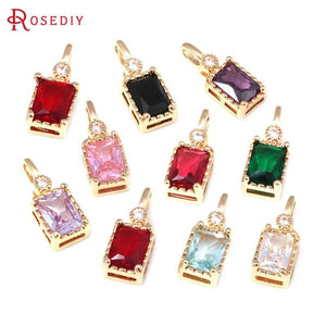 6PCS 18K Brass Zircon Glass Rectangle Charms Pendants for DIY Jewelry Making