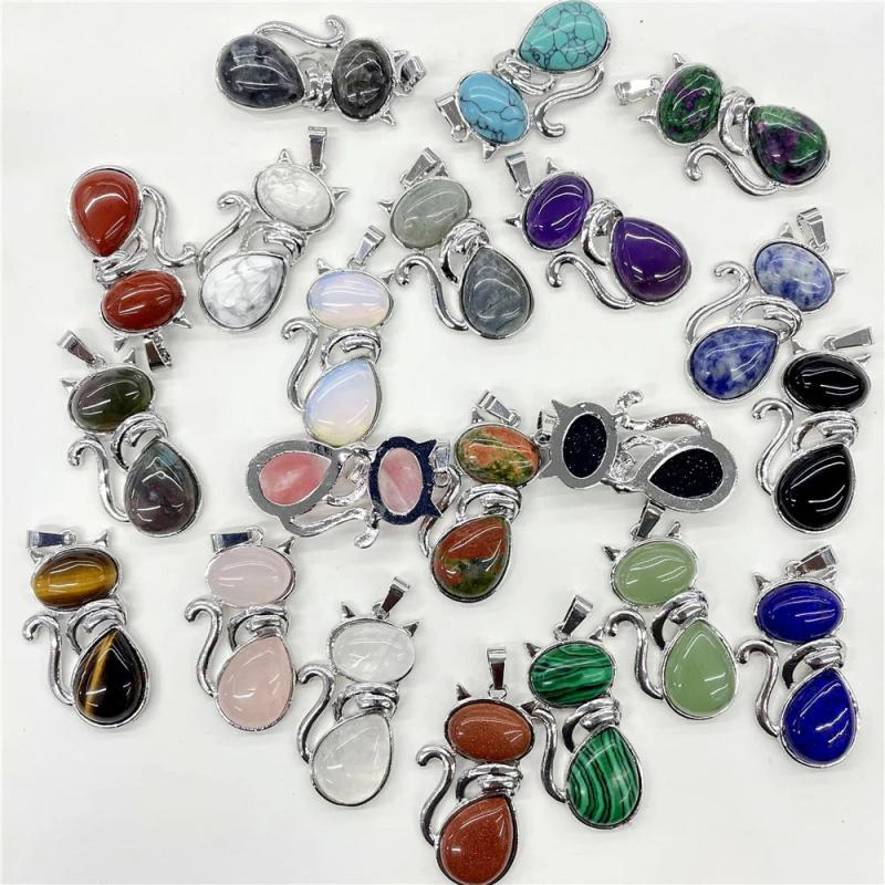 Gem Stone Quartz Crystal Opal Mix Pendant & Cat Charm for Jewelry Making