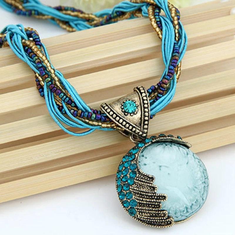 Bohemian Beaded Vintage Turquoise Rhinestone Necklace