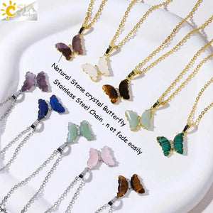 CSJA Amethyst Butterfly Necklace Natural Stone Pendant Vintage Charm Jewelry