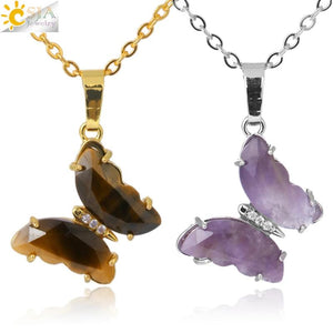CSJA Amethyst Butterfly Necklace Natural Stone Pendant Vintage Charm Jewelry