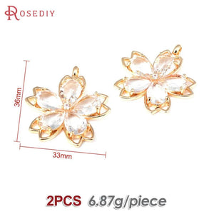 2PCS 18K Brass & Glass Flower Charms Pendants DIY Jewelry Making Supplies