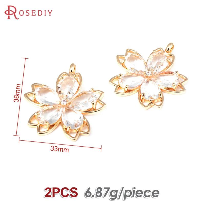 2PCS 18K Brass & Glass Flower Charms Pendants DIY Jewelry Making Supplies