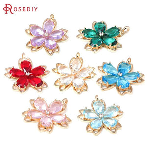 2PCS 18K Brass & Glass Flower Charms Pendants DIY Jewelry Making Supplies