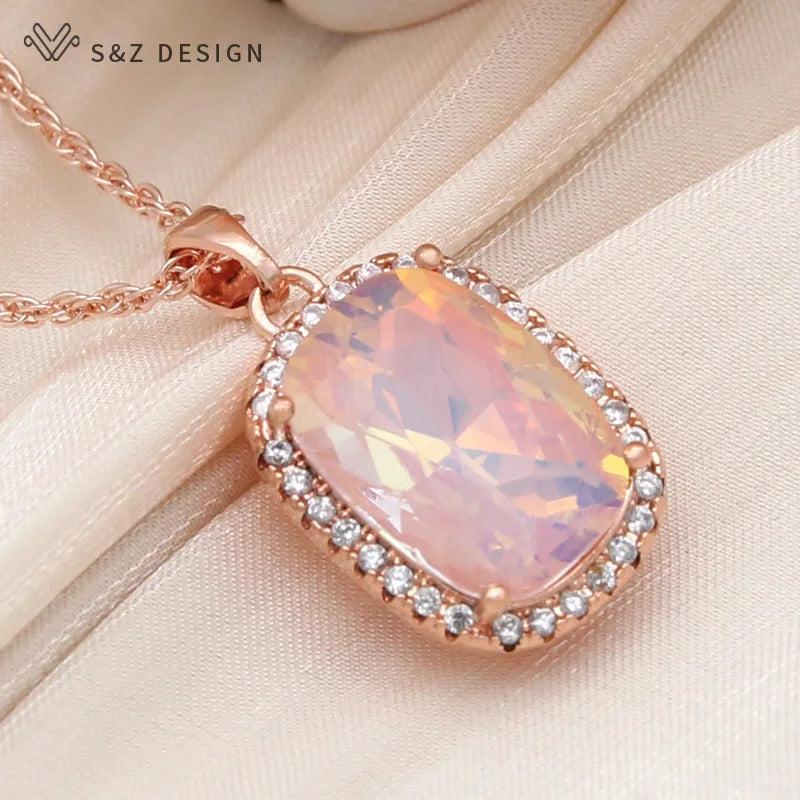 S&Z 585 Rose Rectangle Crystal Pendant Necklace For Women