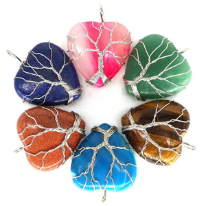Heart Shape Pendant Necklace Tree Of Life Wire Wrapped Natural Crystals