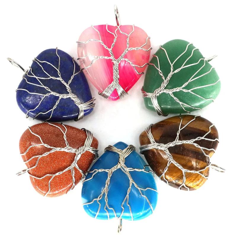 Heart Shape Pendant Necklace Tree Of Life Wire Wrapped Natural Crystals