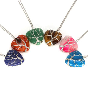 Heart Shape Pendant Necklace Tree Of Life Wire Wrapped Natural Crystals