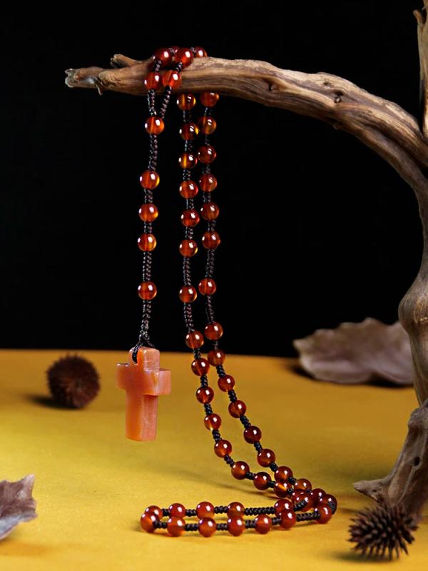 Red Agate Stone Bead Catholic Rosary Necklace with Cross Pendant