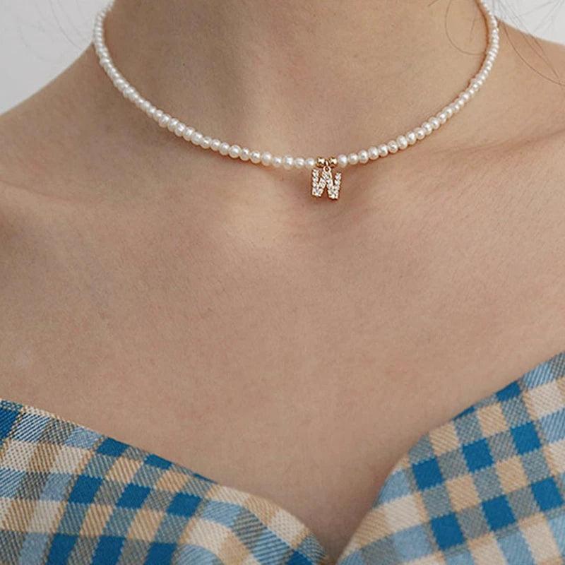 Simulated Pearl Bead Necklace Choker with Zircon Initial Charms