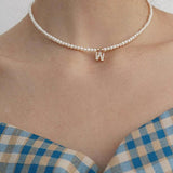 Simulated Pearl Bead Necklace Choker with Zircon Initial Charms