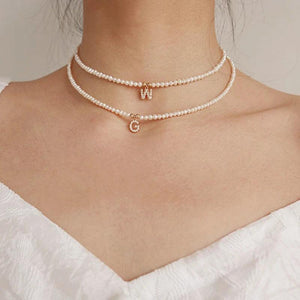 Simulated Pearl Bead Necklace Choker with Zircon Initial Charms
