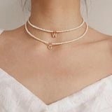 Simulated Pearl Bead Necklace Choker with Zircon Initial Charms
