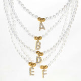 Simulated Pearl Bead Necklace Choker with Zircon Initial Charms