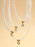 Simulated Pearl Bead Necklace Choker with Zircon Initial Charms