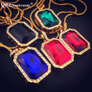 Iced Out Big Red Stone Pendant Necklace with Box Chain