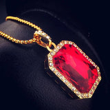 Iced Out Big Red Stone Pendant Necklace with Box Chain