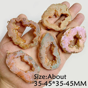 Natural Agate Geode Slice Pendant Pink Quartz Necklace Accessory