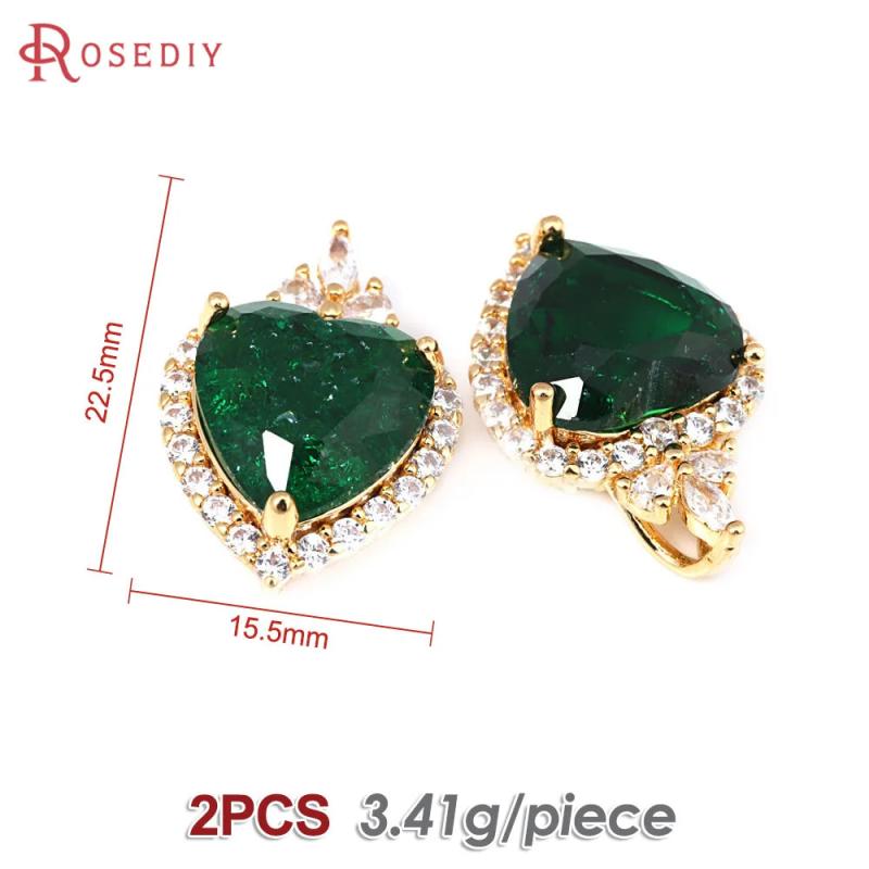2PCS 18K Brass Zircon Glass Heart Charms Pendants DIY Jewelry Making Supplies