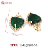 2PCS 18K Brass Zircon Glass Heart Charms Pendants DIY Jewelry Making Supplies