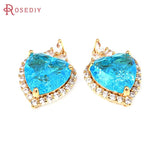 2PCS 18K Brass Zircon Glass Heart Charms Pendants DIY Jewelry Making Supplies