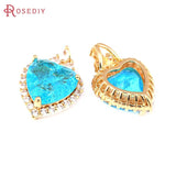 2PCS 18K Brass Zircon Glass Heart Charms Pendants DIY Jewelry Making Supplies