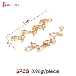 6PCS 18K Brass Zircon Tree Leaf Charms Pendants Diy Jewelry Making