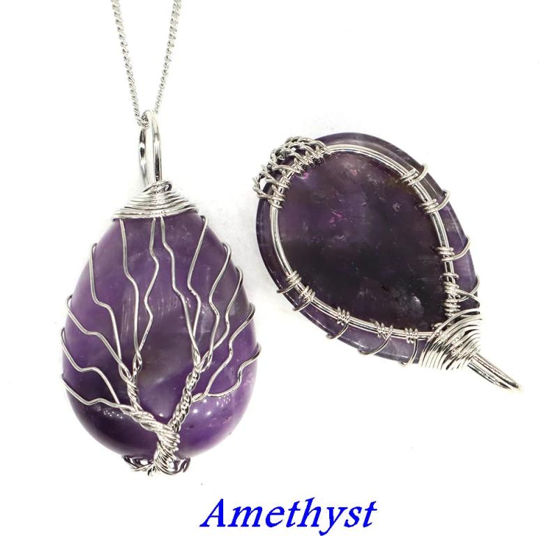 Tree of Life Wire Wrap Water Drop Gems Necklace Pendant