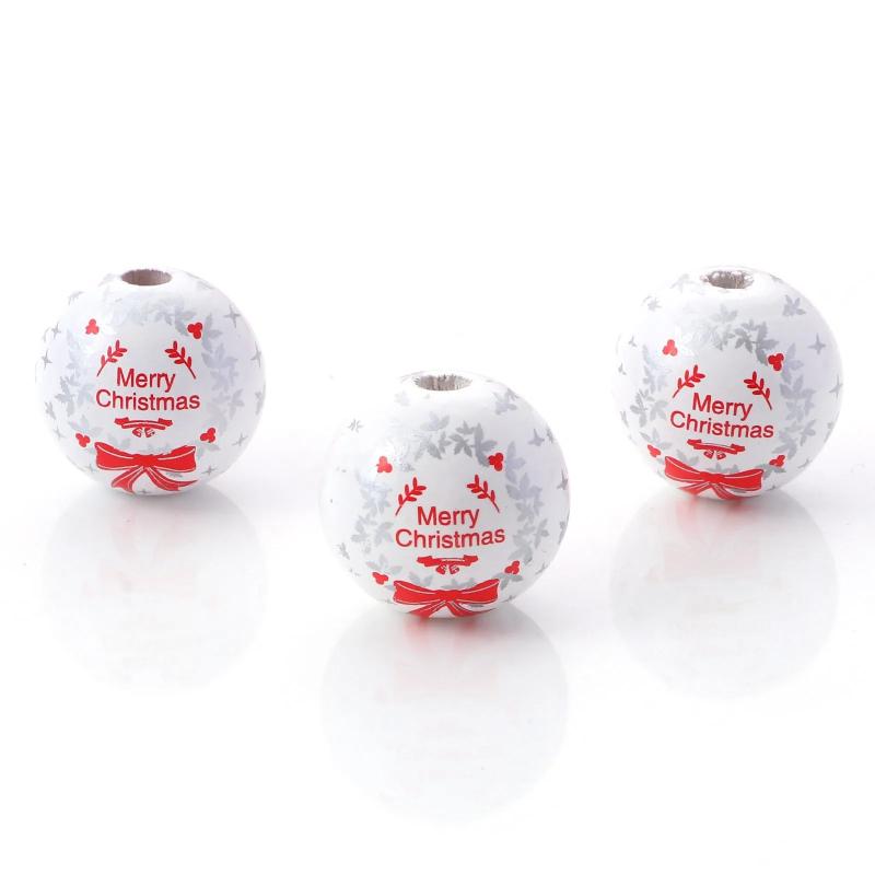 Wood Christmas Spacer Beads Round Multicolor Merry Christmas Loose Beads DIY
