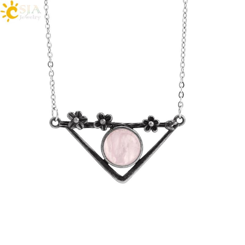CSJA Natural Stone Bead Necklace Triangle Pendant Healing Charm