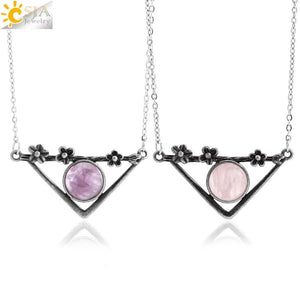 CSJA Natural Stone Bead Necklace Triangle Pendant Healing Charm