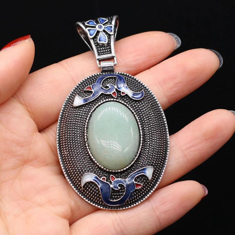 Natural Stone Pendant Lace Boho Oval Charms for DIY Necklace