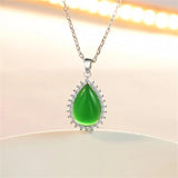 Green Emerald Water Drop Style Jade Pendant Chinese Retro Amulet Necklace